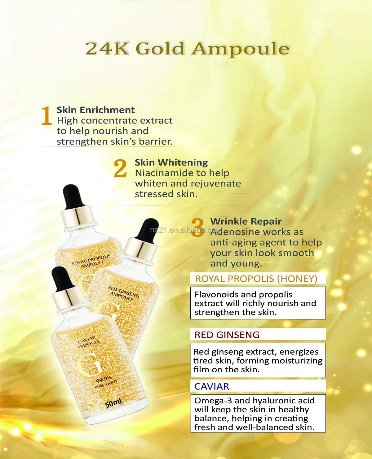 high quality 24k gold ampoule royal propolis caviar serum