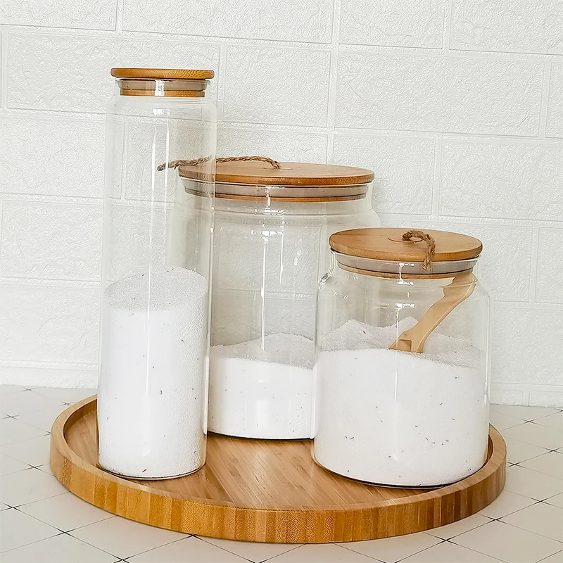 Multipurpose storage jar for kitchen and bathroom washing powder jar with rope bamboo lid, Transparent
Multipurpose storage jar for kitchen and bathroom washing powder jar with rope bamboo lid, Transparent