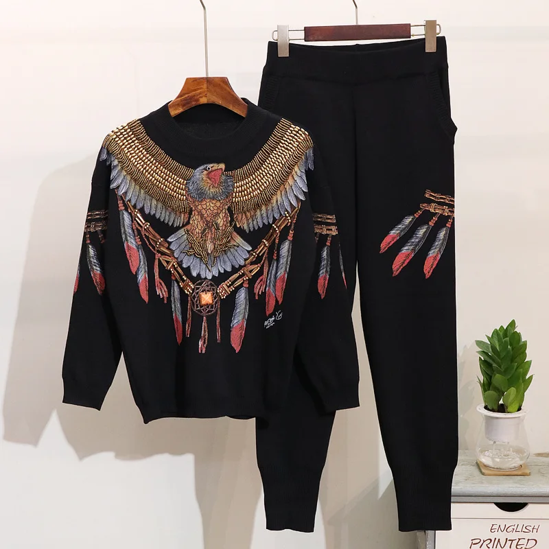Women Winter Sweater Sets New Vintage Eagle Beads Pullover Knit Sweater Pants 2 Piece Plus Size Tracksuit Ladies Outfits
Women Winter Sweater Sets New Vintage Eagle Beads Pullover Knit Sweater Pants 2 Piece Plus Size Tracksuit Ladies Outfits