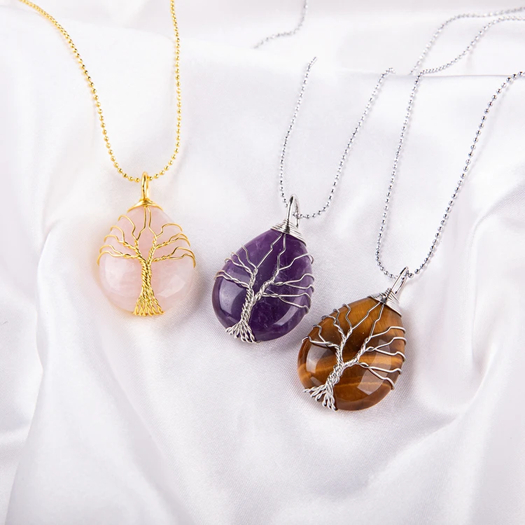 

Natural Stone Chakra Necklace Tree of Life Charm Gold Silver Wire Wrapped Water Drop Shape Natural Crystal Pendant Necklace, Picture shows
