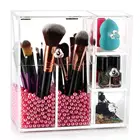 Makeup Brush Holder with 2 Brush Holders and 3 Drawers Dustproof Box with Free Pink Pearl Acrylic Make Up Organizer
