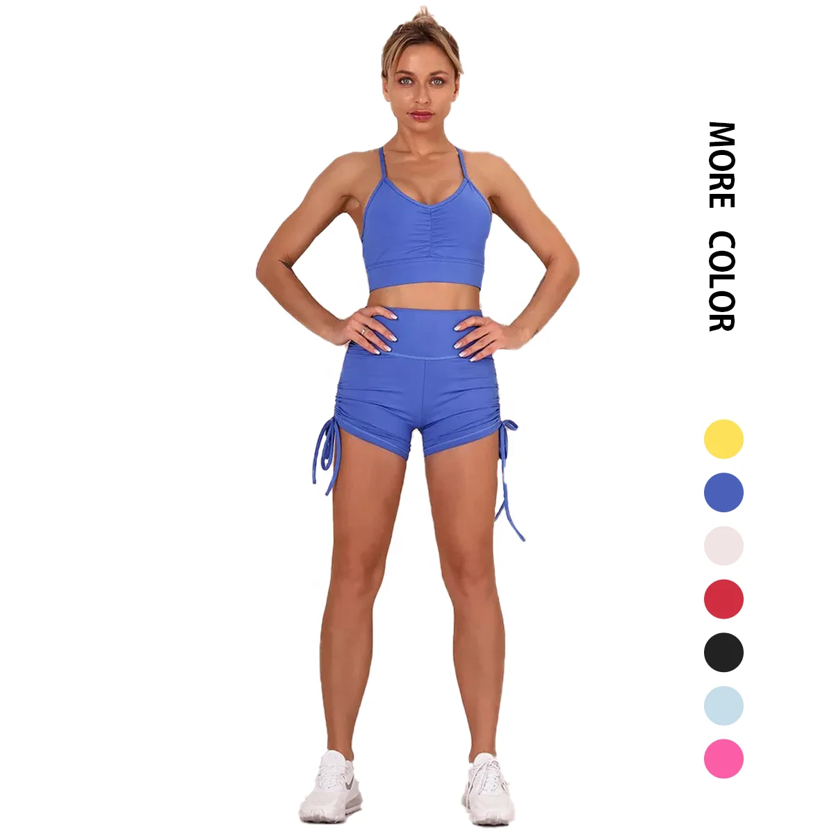 Hot sale sexy ribbon hip sport bra and short suit strappy female short yoga pants set
Hot sale sexy ribbon hip sport bra and short suit strappy female short yoga pants set