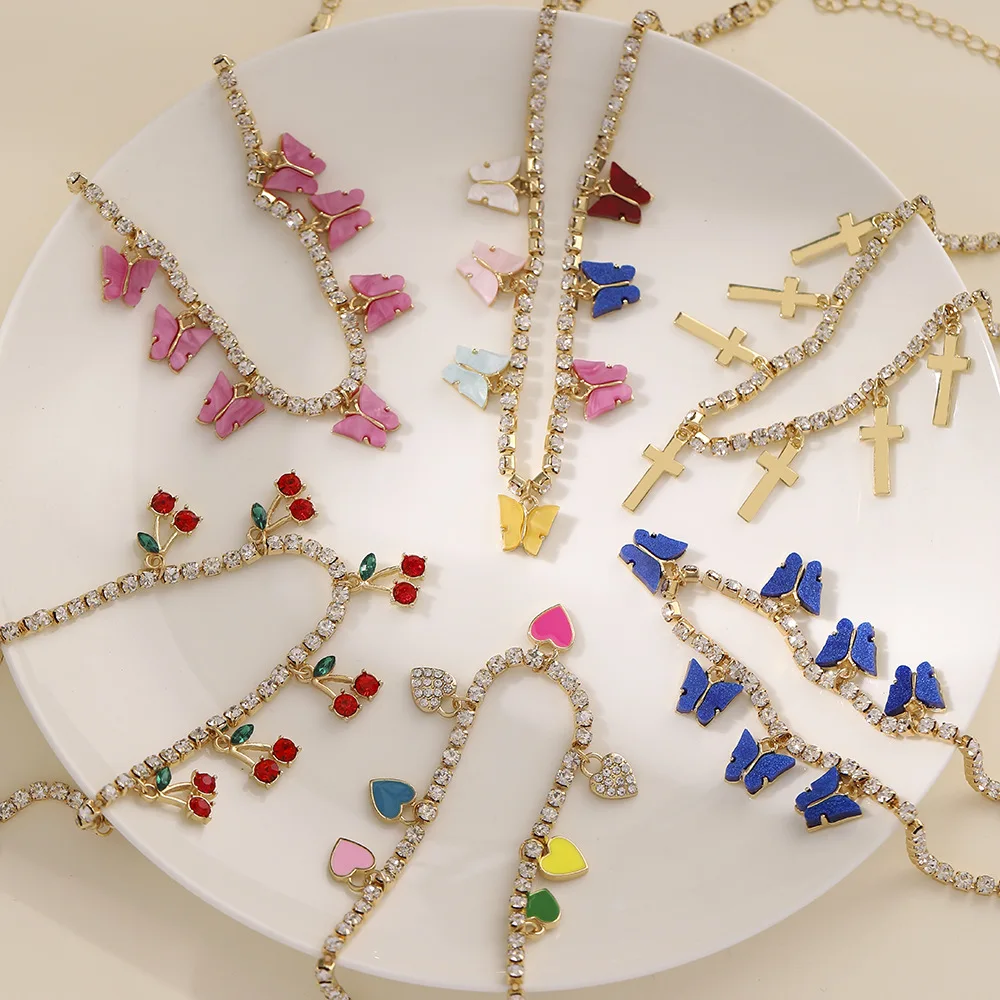 INS Fashion Jewellary Necklaces Diamond Rhinestone Chain Pave Butterfly Heart Cherry Choker Gold Necklace Cross Jewelry, Picture shows
INS Fashion Jewellary Necklaces Diamond Rhinestone Chain Pave Butterfly Heart Cherry Choker Gold Necklace Cross Jewelry, Picture shows