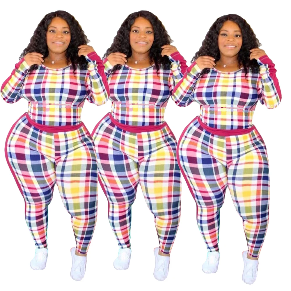 PME048 autumn winter long sleeved round neck casual tight fitting plaid print stretch plus size 2 piece set women
PME048 autumn winter long sleeved round neck casual tight fitting plaid print stretch plus size 2 piece set women