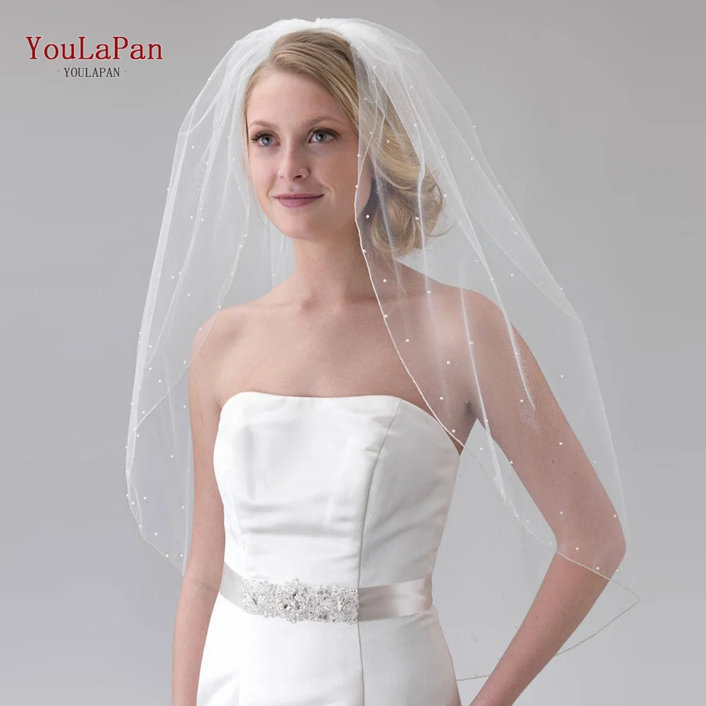 

YouLaPan V06 One Layer Handmade Pearl Veil church veils Wedding Pearl Long Wedding Veil, Ivory/white