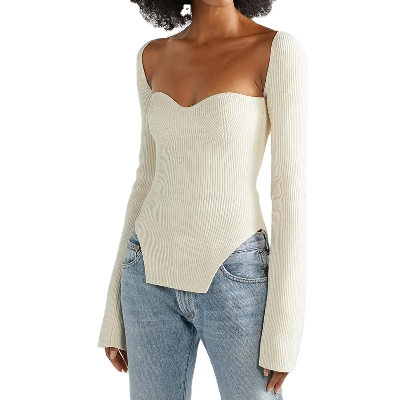 Trendy White Side Split Knitted Women's Sweater Square Collar Long Sleeve Top Female Autumn Fashion New Knitted Top Sweater 
Trendy White Side Split Knitted Women's Sweater Square Collar Long Sleeve Top Female Autumn Fashion New Knitted Top Sweater