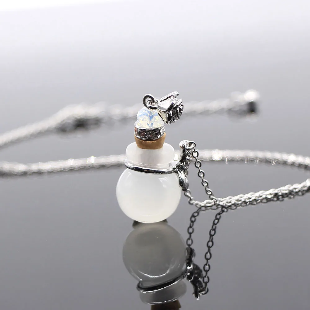 Glass perfume bottle handmade pendant necklace with platinum plated chain, White,pink,black 
Glass perfume bottle handmade pendant necklace with platinum plated chain, White,pink,black