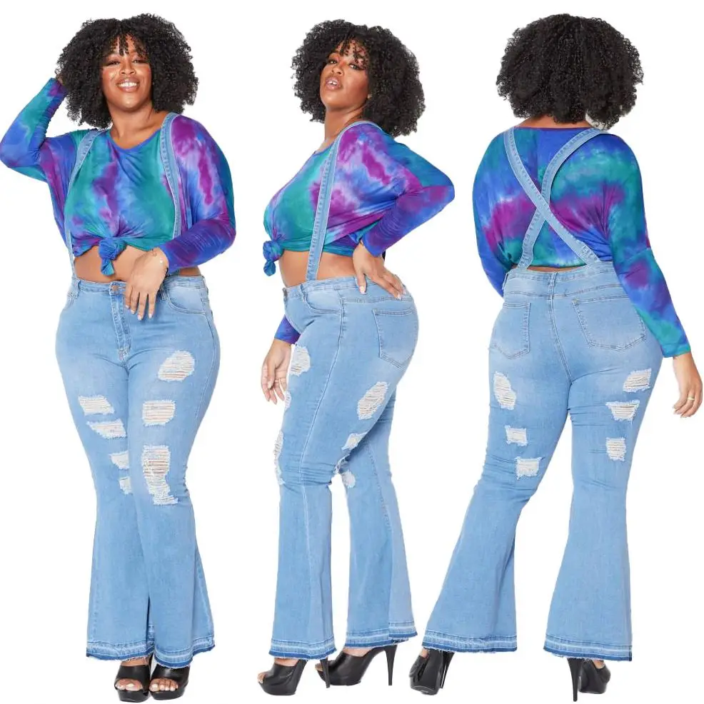 Women's high waist suspender bell bottom jeans ripped holes casual plus size denim flared pants romper, Light blue
Women's high waist suspender bell bottom jeans ripped holes casual plus size denim flared pants romper, Light blue