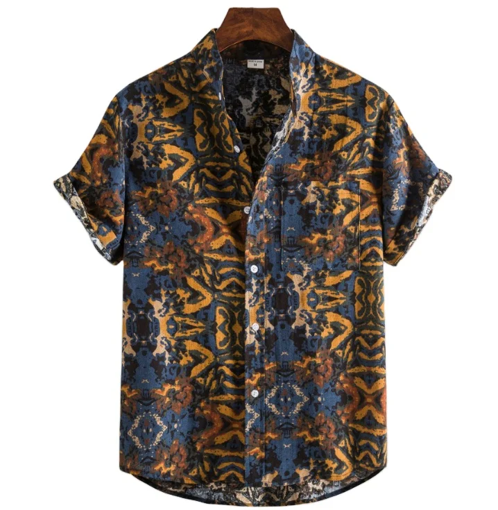 Men stand collar fashion shirt new leisure beach print short sleeve temperament commuting
Men stand collar fashion shirt new leisure beach print short sleeve temperament commuting