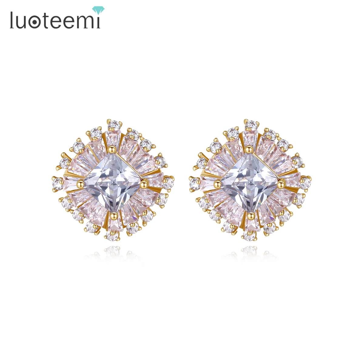 

LUOTEEMI Wholesale Women Holiday Summer Must Have Champagne Gold Jewelry Cocktail Party Sparking Small Square CZ Stud Earrings