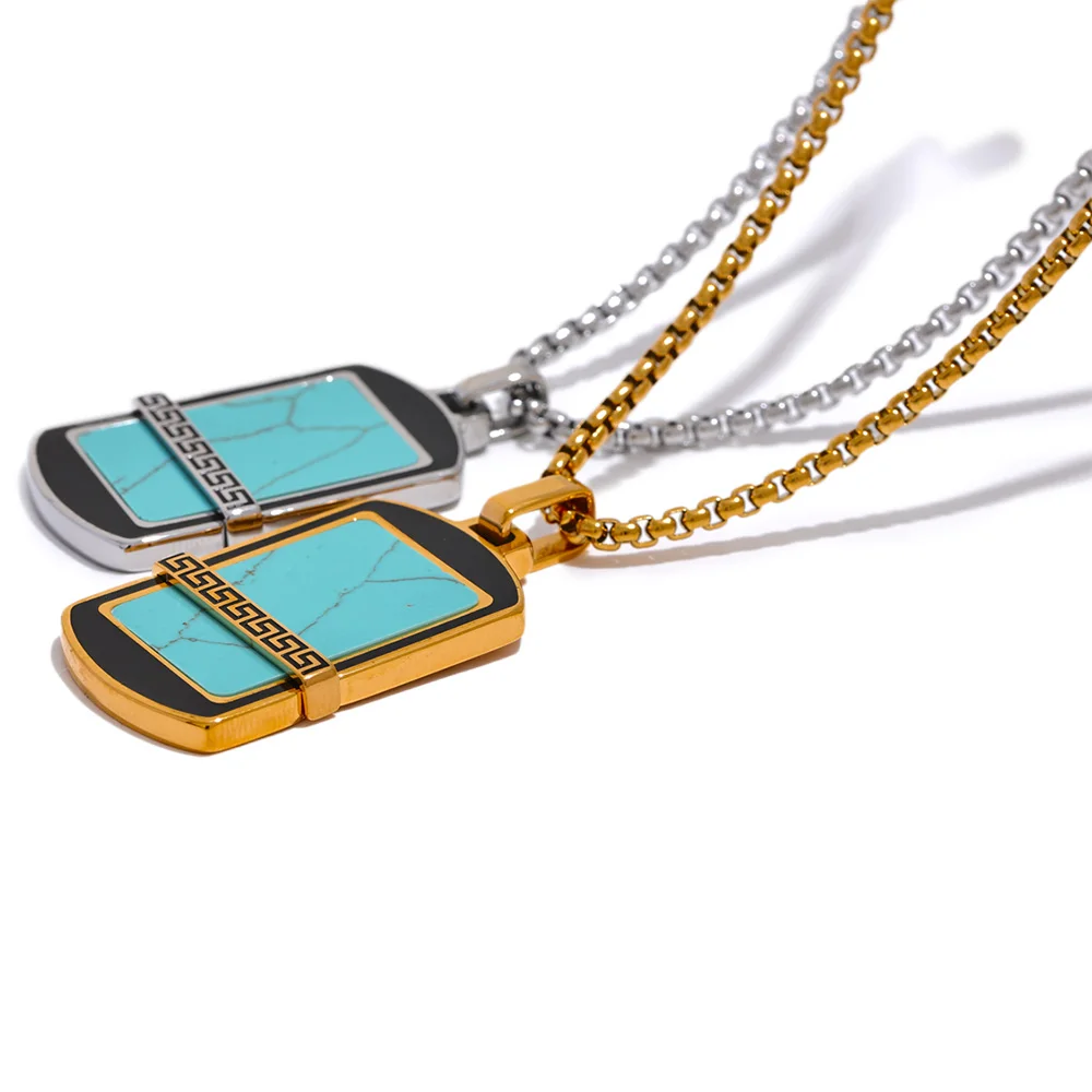 

JINYOU 5020 Natural Blue Turquoise Stone Square Pendant Vintage Fashion Men Stainless Steel Necklace Jewelry High Quality Bijoux