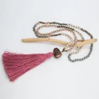 Knotted Necklace Sweater Chain Matte Glass Beads Necklace with red Tassel & Gem Pendant Bead Jewelry