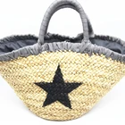 High quality new design star printing Ribbon winding handle Maize hand woven women tote straw beach bag