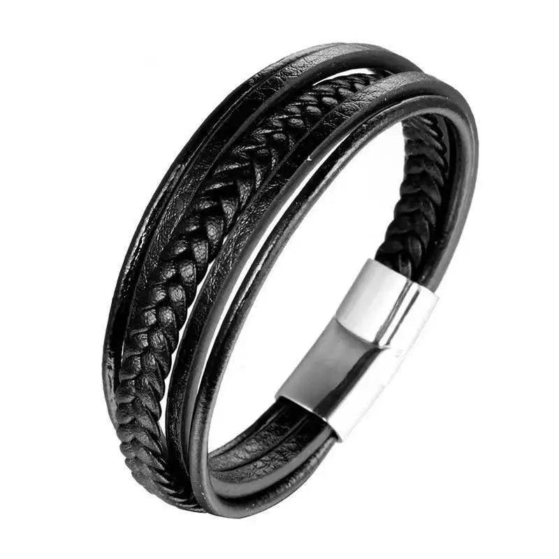 Trendy Personalized 316 Stainless Steel logo Clasp Multi layer Leather Bracelet Braided Leather Cord Wrap Bracelet for Men
Trendy Personalized 316 Stainless Steel logo Clasp Multi layer Leather Bracelet Braided Leather Cord Wrap Bracelet for Men