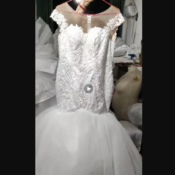 

2021 Newly Customize Pure white/ivory Plus Size Church Mermaid Wedding Gowns Tulle Lace Pearl Bride Dress For Nigeria Women, White wedding dress, custom color as per your choice