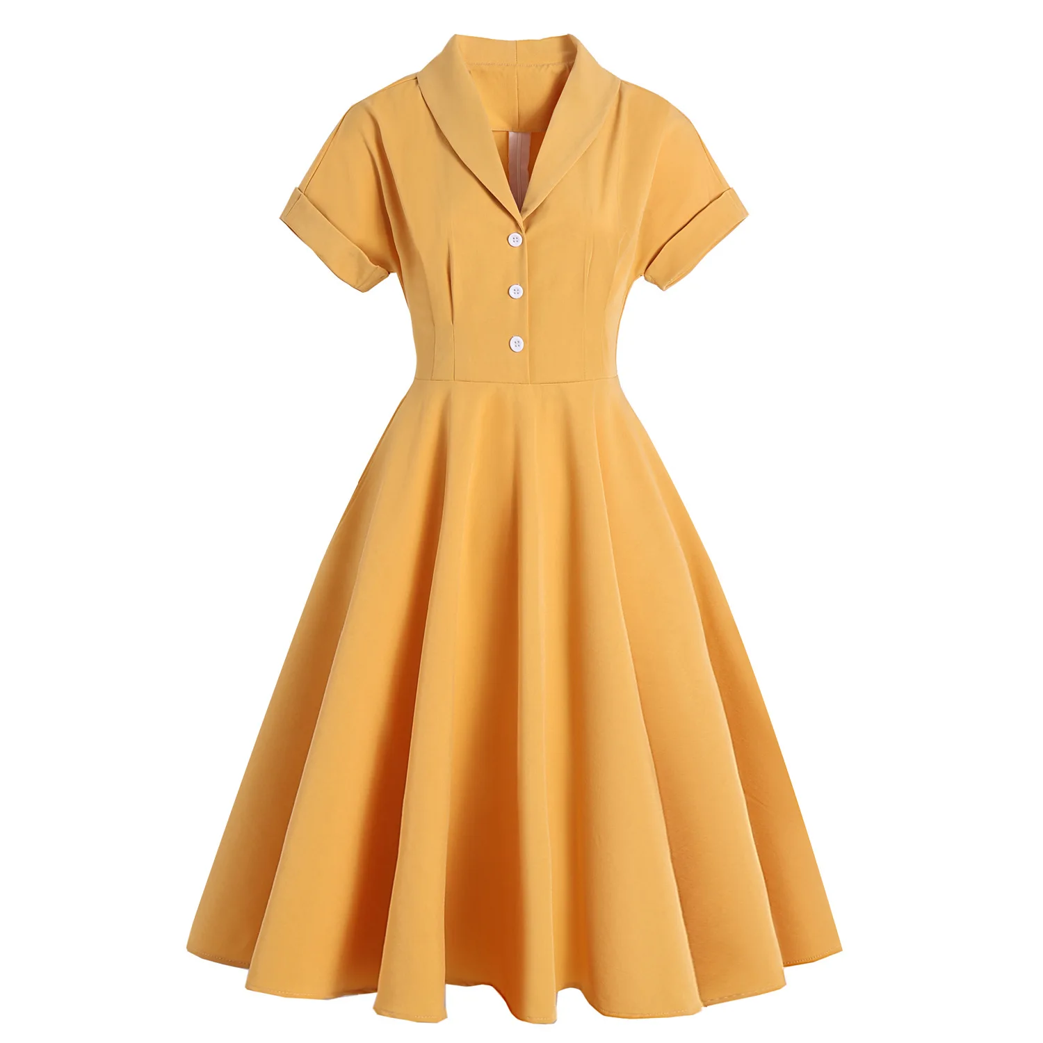 

Vintage Dress 1950s 60s Retro Shirt Dress Plus Size Floral Cotton Women Ladies Solid Swing Rockabilly Dresses Vestidos, Yellow