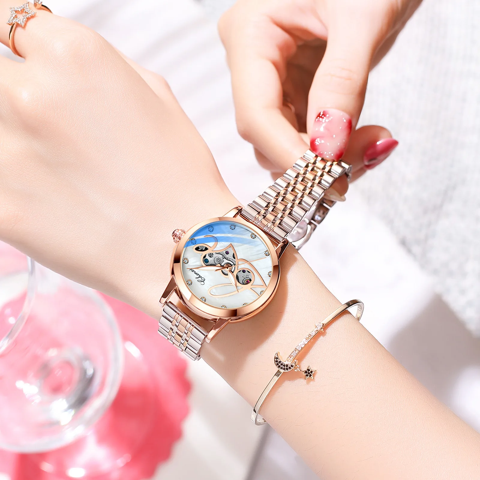 New Fashion Luminous Waterproof Watch Ladies Love Logo Steel Band Hollow Automatic Watches Women Mechanical, Rose gold
New Fashion Luminous Waterproof Watch Ladies Love Logo Steel Band Hollow Automatic Watches Women Mechanical, Rose gold
