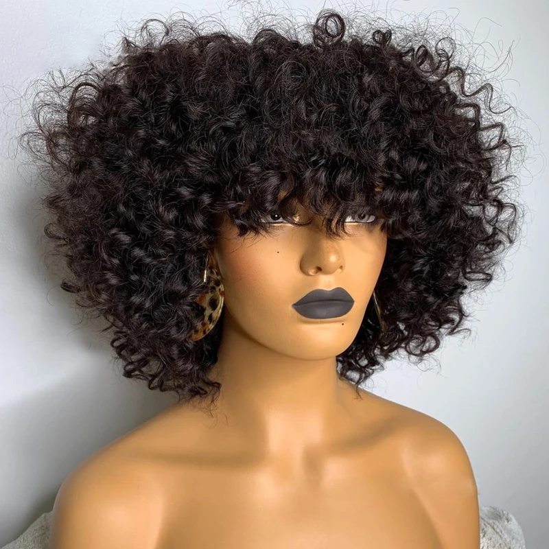 

Short Curly Pixie Cut Bob Human Hair Wig With Bangs Full Machine Wigs For Black Women Remy Pre Plucked With Baby Hair Brazilian