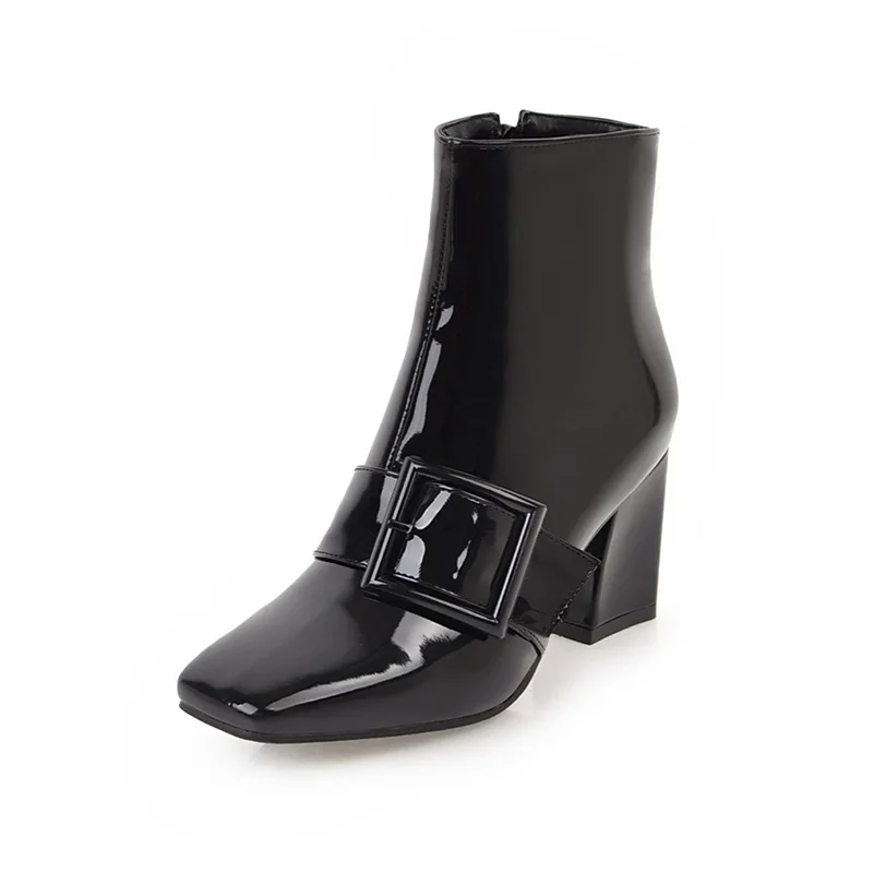 Ankle Boots For Women Winter Boots Buckle Thick High Heel Boots Patent Leather Square Toe Ladies Shoes White Black, Black/white 
Ankle Boots For Women Winter Boots Buckle Thick High Heel Boots Patent Leather Square Toe Ladies Shoes White Black, Black/white