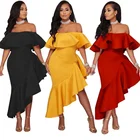 Custom women's new word collar one shoulder dress ruffle ladies dress prom dress asymmetrical skirt