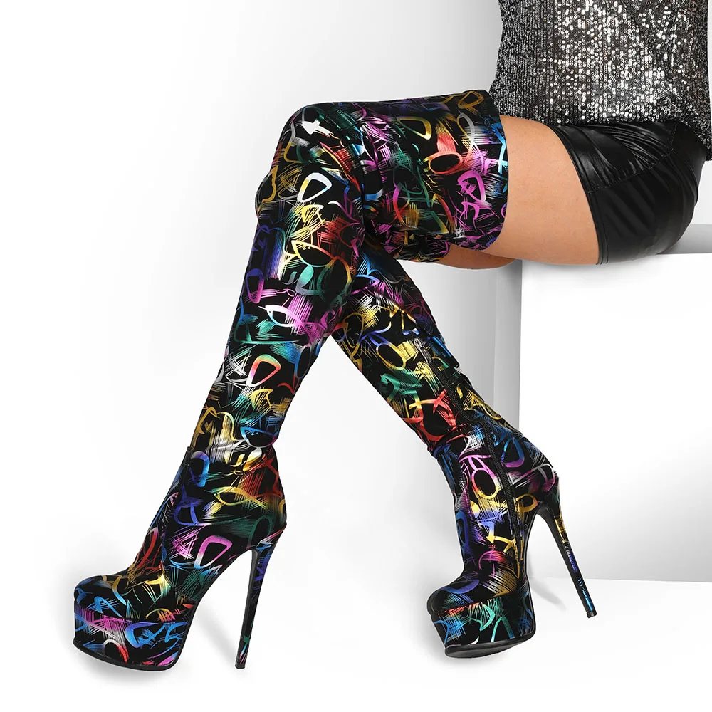 Charming Colorful Pattern Thin High Heel Platform PU Upper Over Knee High Boots for Women Zip Thigh High Boots Large Size 45
Charming Colorful Pattern Thin High Heel Platform PU Upper Over Knee High Boots for Women Zip Thigh High Boots Large Size 45