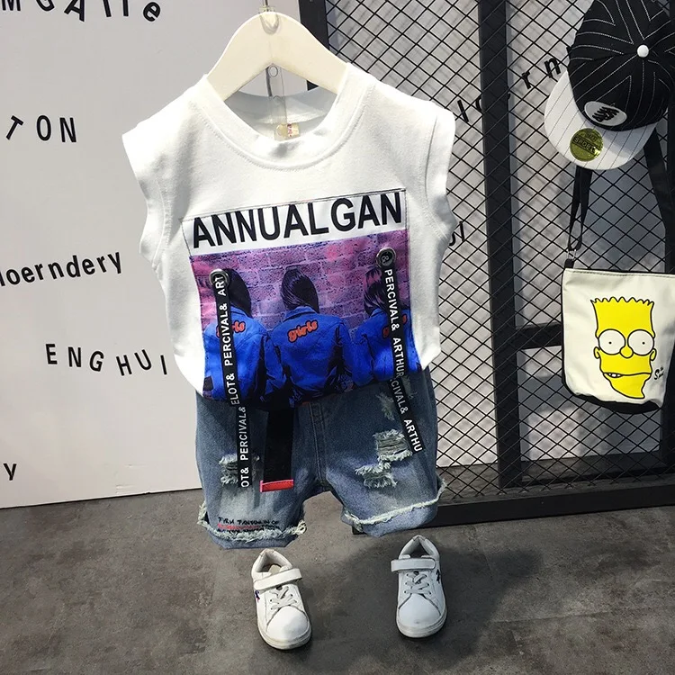 New arrival summer Boys 2 Pieces Clothing Set printed sleeveless t shirt +casual jeans pants clothing set for kids, Picture shows
New arrival summer Boys 2 Pieces Clothing Set printed sleeveless t shirt +casual jeans pants clothing set for kids, Picture shows