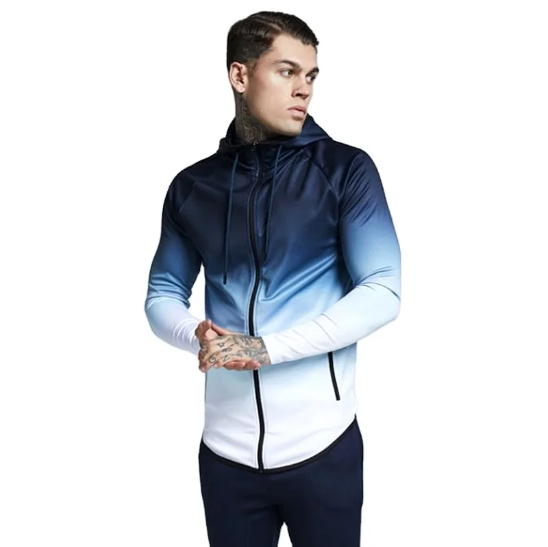 Hooded fashion men's sweatshirt hanging dye blue and white gradient zipper cardigan men's sportswear 
Hooded fashion men's sweatshirt hanging dye blue and white gradient zipper cardigan men's sportswear