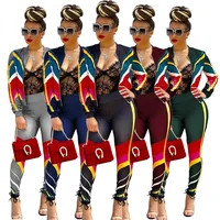 

2020 New Arrivals Spring Fashion Women Casual Zipper Crop Coat Long Pants Color Block Patchwork Stripes 2 Piece Set Tracksuit