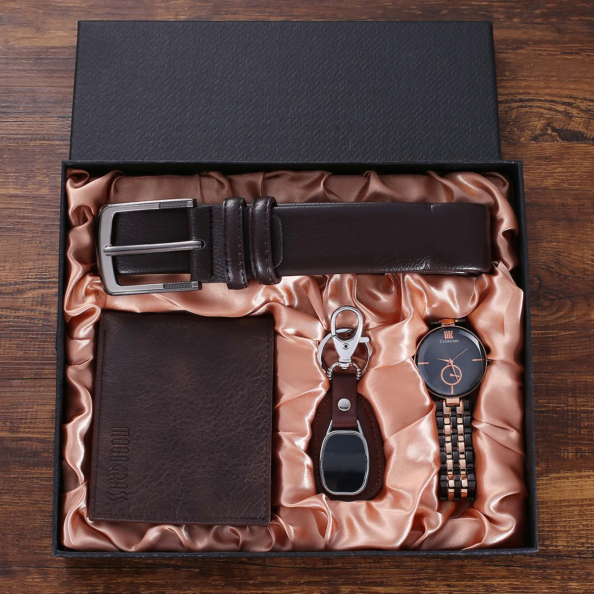 Luxury gift fashion exquisite creative belt wallet keychain 4pcs stainless steel men watch set
Luxury gift fashion exquisite creative belt wallet keychain 4pcs stainless steel men watch set