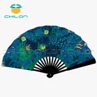Folk Art Bamboo Hand Fan Custom Abanicos Fan Sublimation Fabric Folding Hand Fan Bamboo Fan