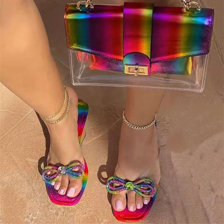2021 Fashion Summer Women Rainbow Rhinestone Bow Square Toe Slippers Ladies Slip On Crystal Dress Sandals
2021 Fashion Summer Women Rainbow Rhinestone Bow Square Toe Slippers Ladies Slip On Crystal Dress Sandals