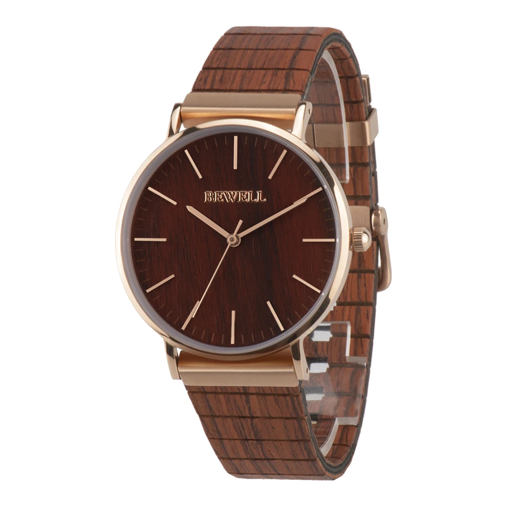 

Bewell Wooden Watch Rose Gold Watch Wooden Chip Wristband for Men and Women Watches Custom Logo Luxury, Black sandalwood and maple or customized wood