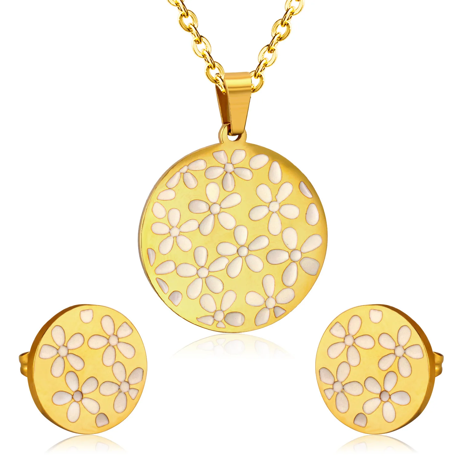 style women's stainless steel Gold round b shell pendant necklace earrings set (including necklace) Wholesale
style women's stainless steel Gold round b shell pendant necklace earrings set (including necklace) Wholesale
