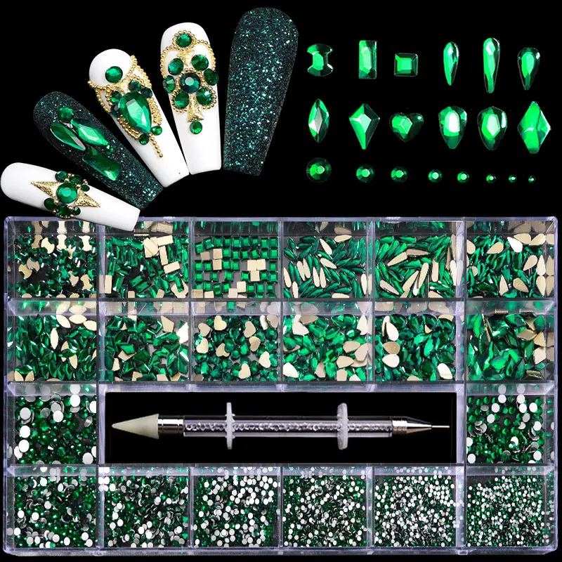 

3D Flatback Shiny Green Nail Art Fancy Rhinestones Mix Shapes Crystal Diamonds Glass Nail Rhinestones Decorations