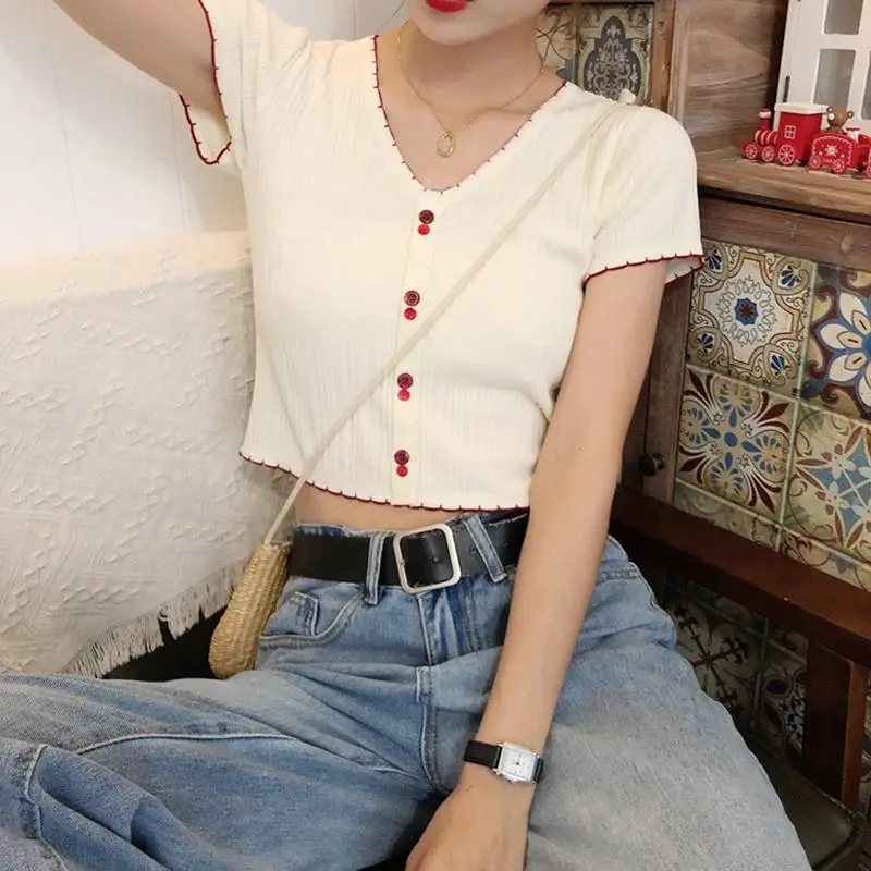 Women's short-sleeved T-shirt Summer New Slim slim Thin Section Knitted Short Casual Korean Ins Shirt, As pictures
Women's short-sleeved T-shirt Summer New Slim slim Thin Section Knitted Short Casual Korean Ins Shirt, As pictures