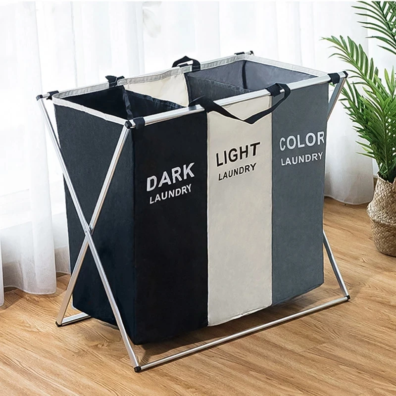 

Modern wholesale large 3 Grid Oxford collapsible dirty clothes laundry basket 3 section foldable cotton laundry hamper Basket, Customized color