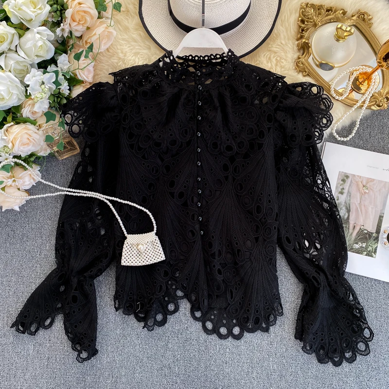 French vintage court style women fashion hollow out puff sleeve blouse tops
French vintage court style women fashion hollow out puff sleeve blouse tops