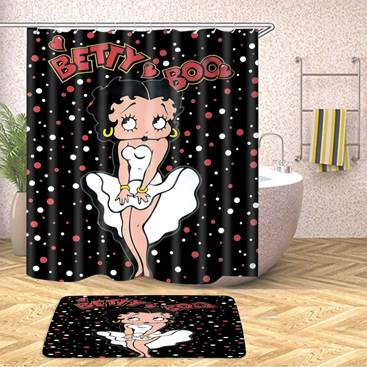 Drifting rabbit Custom American style Cute, sexy Betty design Bathroom shower curtain 2 Pcs sets with Non-Slip Rug Bath Mat, Custom-made
Drifting rabbit Custom American style Cute, sexy Betty design Bathroom shower curtain 2 Pcs sets with Non-Slip Rug Bath Mat, Custom-made
