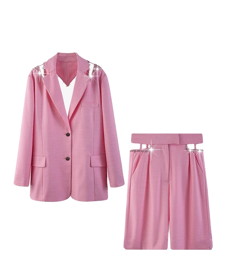 Custom brand solid color pink rhinestone summer pink streewear two piece outfits pink suit women clothing blazer shorts set, Customized color
Custom brand solid color pink rhinestone summer pink streewear two piece outfits pink suit women clothing blazer shorts set, Customized color