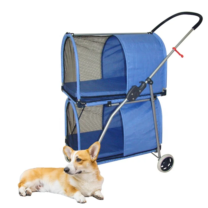 

Double Layers Twin Foldable Wear-Resistant Durable Potable Cats Dogs Strollers Pets Strollers For Sale, Navy blue and sky blue