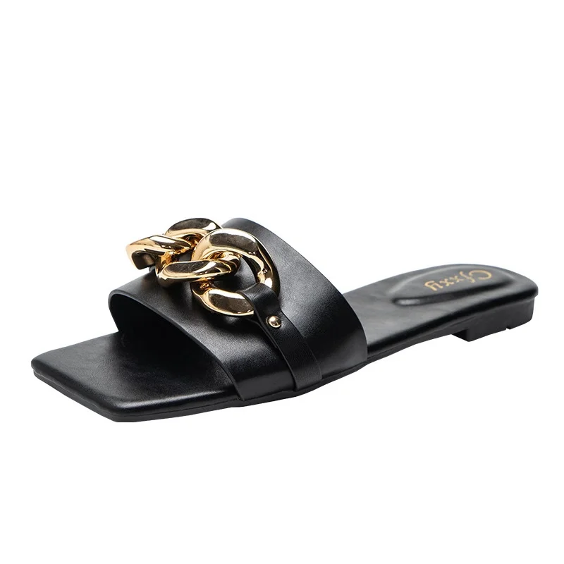 W 2021 New design summer ladies flat shoes large metal PU flat slippers outdoors casual sandals for women, Green black apricot or customized
W 2021 New design summer ladies flat shoes large metal PU flat slippers outdoors casual sandals for women, Green black apricot or customized