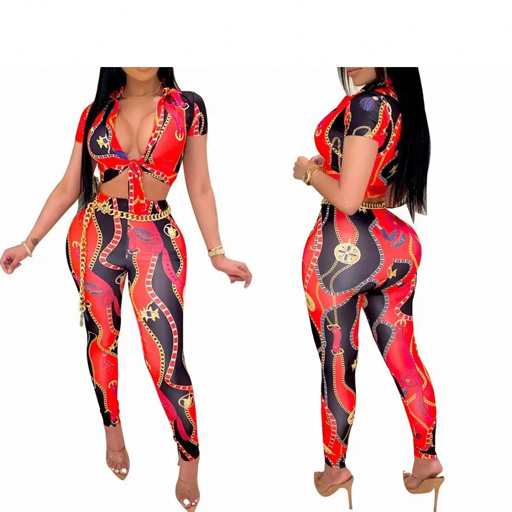 2020 High Quality Sexy V Neck Tie Up Waist Outfit Two-Piece Set Women Clothing