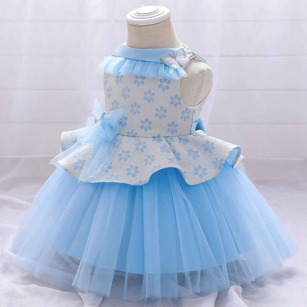 

MQATZ 2 years girl birthday dress navy blue flower princess gown for baby print full month baptism