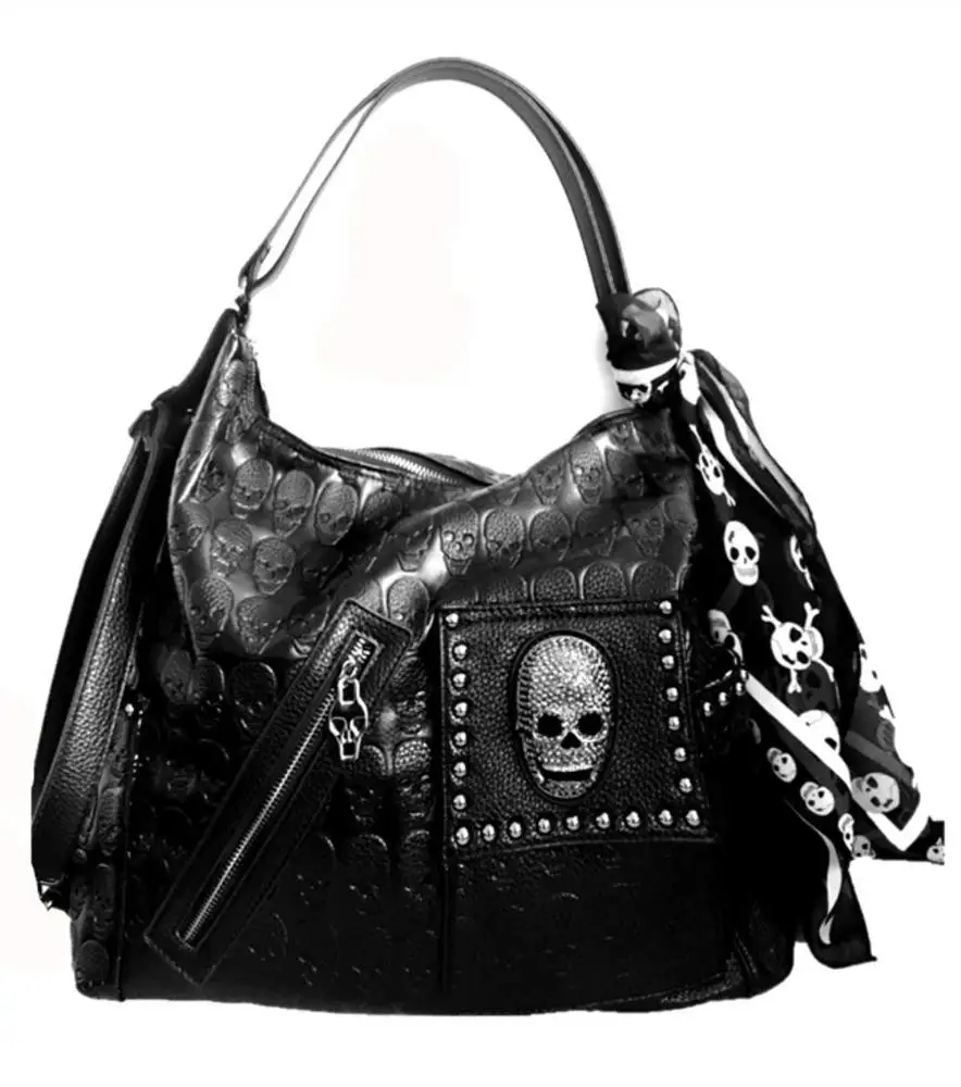 Women PU Leather Skull Rivet Handbag Lady Large Tote Messenger Skull Printed Shoulder Bag with Scarf, Black
Women PU Leather Skull Rivet Handbag Lady Large Tote Messenger Skull Printed Shoulder Bag with Scarf, Black