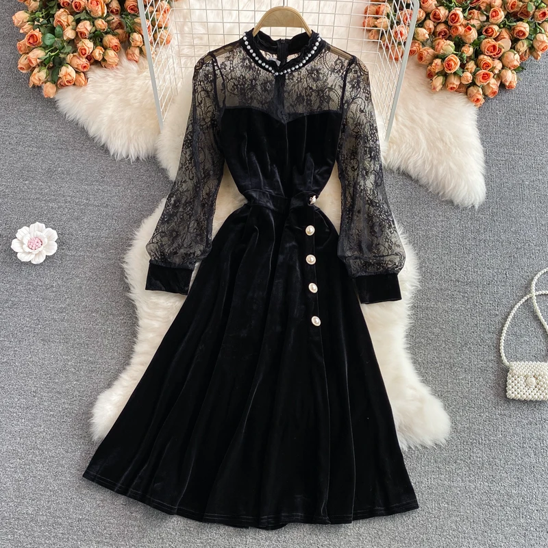 Autum Winter Stand Collar Lace Velvet Dress for Women Sexy High Waist Hepburn Style Long Dress Retro Gauze Sleeve Beaded Dress
Autum Winter Stand Collar Lace Velvet Dress for Women Sexy High Waist Hepburn Style Long Dress Retro Gauze Sleeve Beaded Dress