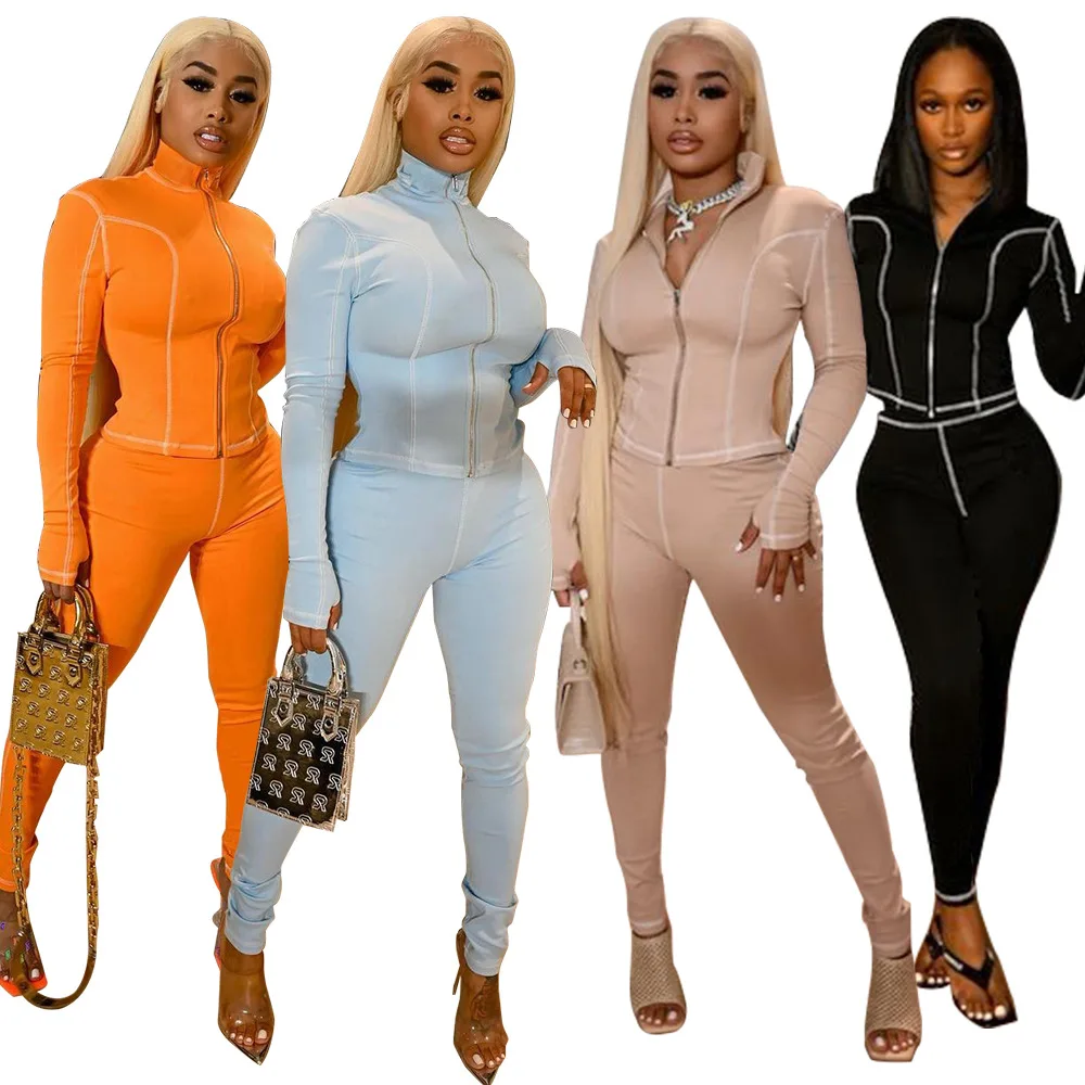 Wholesale new spring outfits 2021 women ladies long sleeve solid color two piece zipper striped sweat pants set, Photo shows
Wholesale new spring outfits 2021 women ladies long sleeve solid color two piece zipper striped sweat pants set, Photo shows