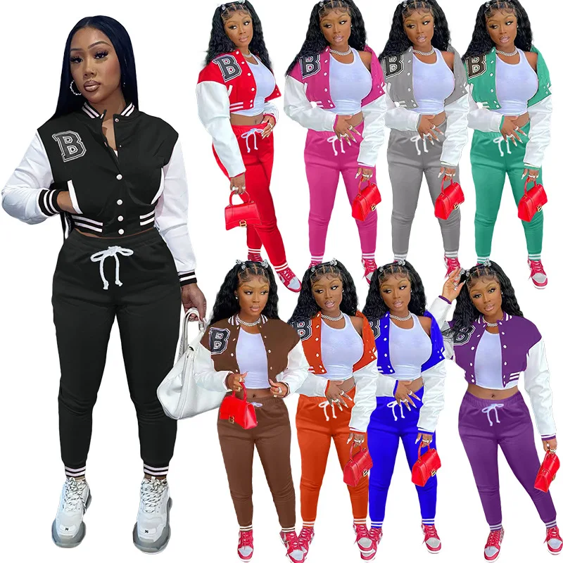 2022 Spring New Contrast Color Button Outfit Baseball Jacket Women Baseball Two Piece Pants Set, Customized color
2022 Spring New Contrast Color Button Outfit Baseball Jacket Women Baseball Two Piece Pants Set, Customized color