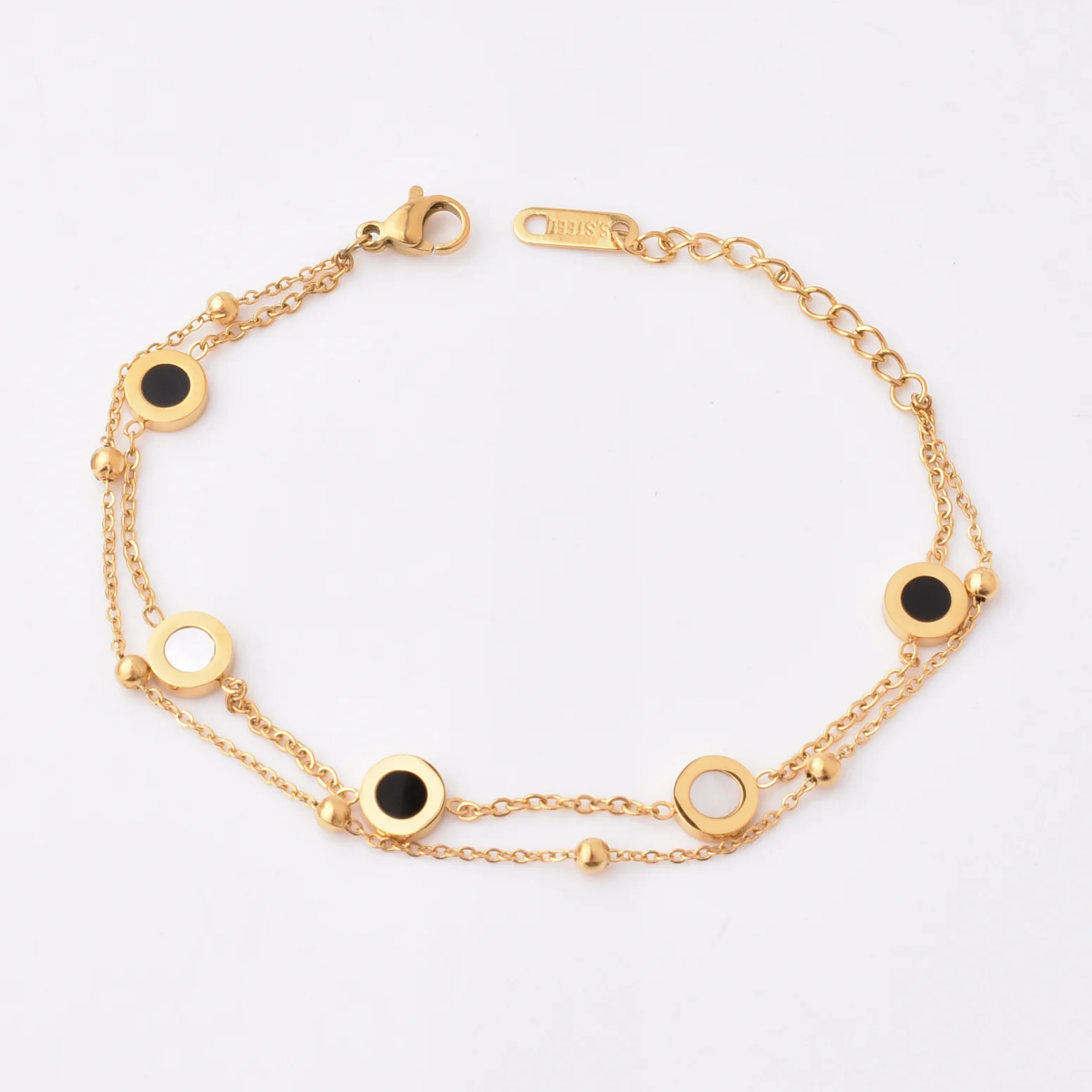 Gold Stainless Steel Double Layer Double Sided Black And White Shell Women Adjustable Bracelet
Gold Stainless Steel Double Layer Double Sided Black And White Shell Women Adjustable Bracelet