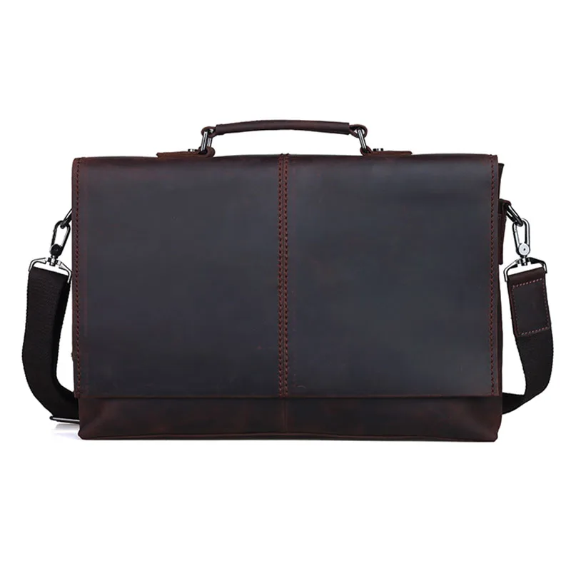 

2020 Classic Vintage Brown Men Genuine Crazy Horse Leather Messenger Briefcase Bag Business Shoulder Bag With Flip
