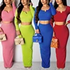 Autumn Women Fashion Dress New Listing Knit Long Sleeve Crop Top And Maxi Skirt Two Piece Set